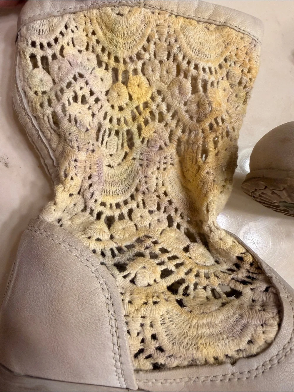 Women's Cream Leather Ankle Boots with Yellow Crochet Cuff
